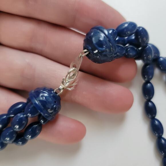 Vintage Multi Strand Navy Blue Beaded Necklace with Decorative Clasp Statement - Picture 8 of 10